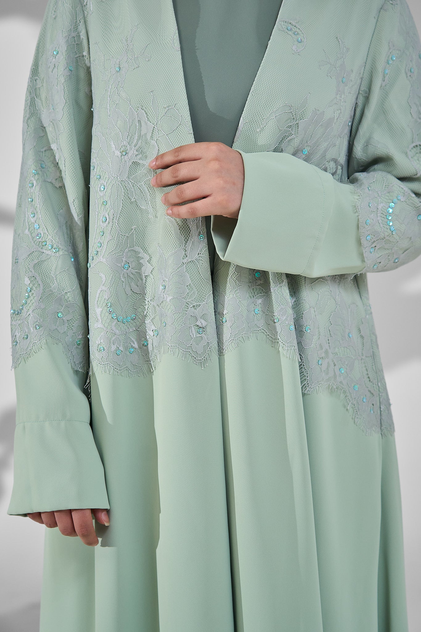 Sage Green Layered Crepe Abaya with Embellished Lace Overlay