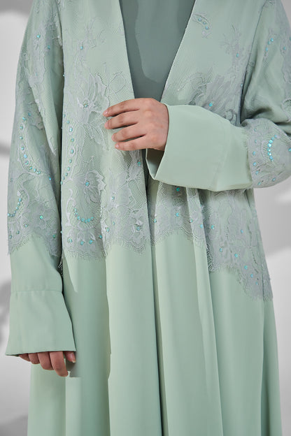 Sage Green Layered Crepe Abaya with Embellished Lace Overlay