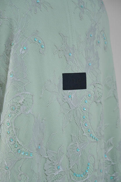 Sage Green Layered Crepe Abaya with Embellished Lace Overlay