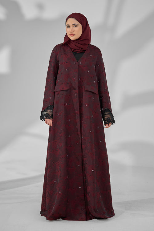 Textured Premium Abaya with Embellished Detail & Lace Cuff Sleeves