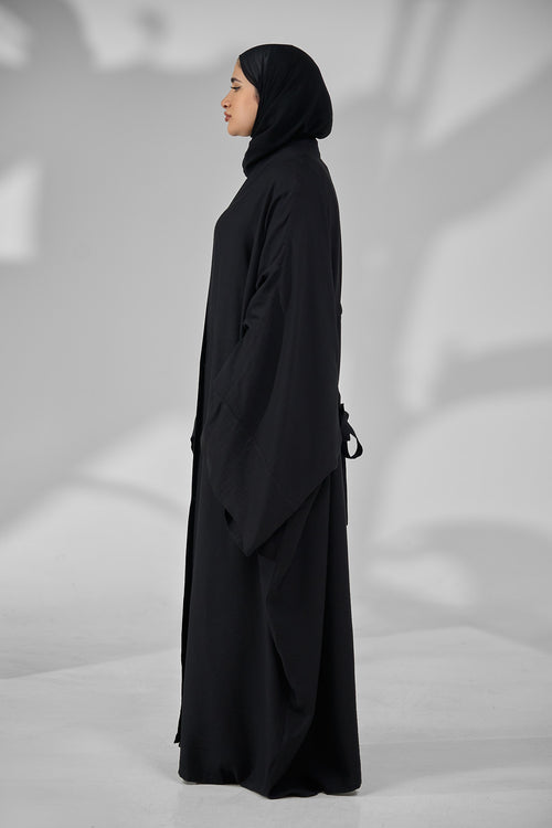 Classic Black Minimal Kimono Abaya with Wide Flowing Sleeves & Hidden Side Pockets – hover image