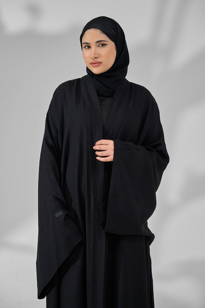 Classic Black Minimal Kimono Abaya with Wide Flowing Sleeves & Hidden Side Pockets