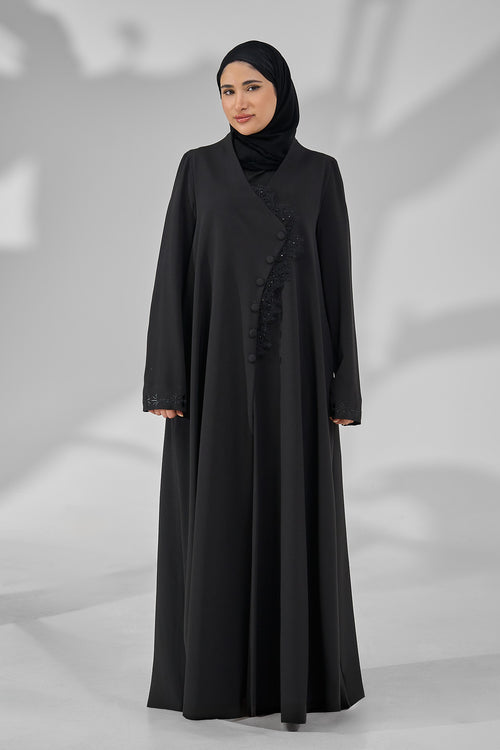 Asymmetric Lace-Trim Black Abaya with Diagonal Button Detailing