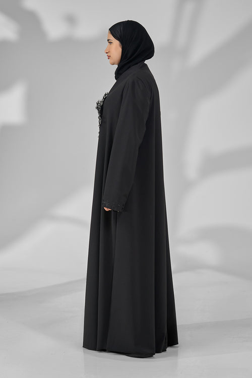 Asymmetric Lace-Trim Black Abaya with Diagonal Button Detailing – hover image