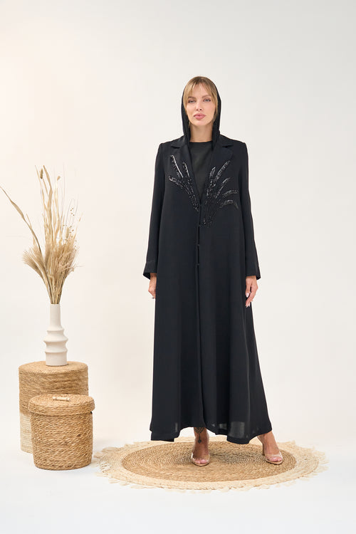 Tailored Open Abaya with Beaded Embroidery and Structured Collar