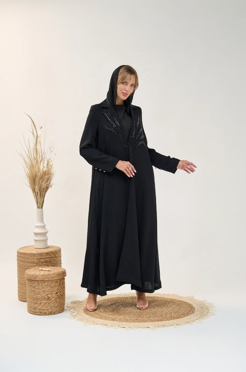 Tailored Open Abaya with Beaded Embroidery and Structured Collar
