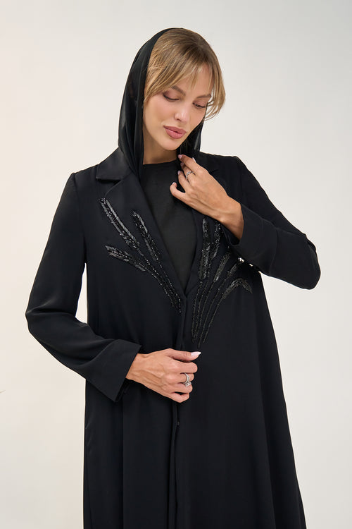 Tailored Open Abaya with Beaded Embroidery and Structured Collar – hover image