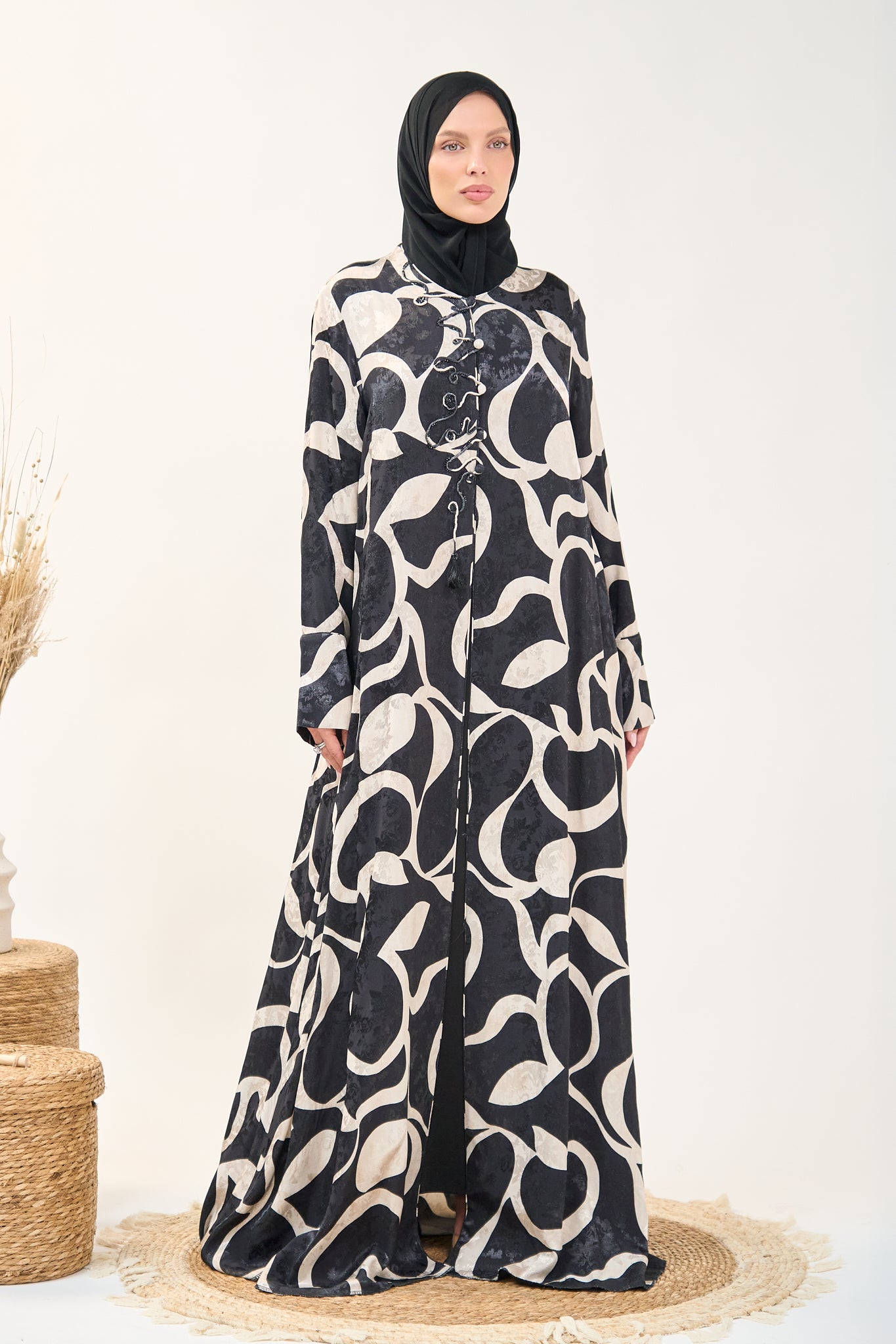 Printed Closed Abaya with Front Tie Detail and Flowing Silhouette