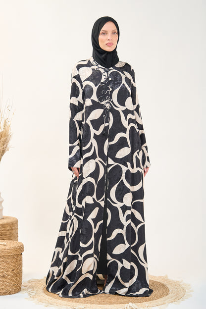 Printed Closed Abaya with Front Tie Detail and Flowing Silhouette