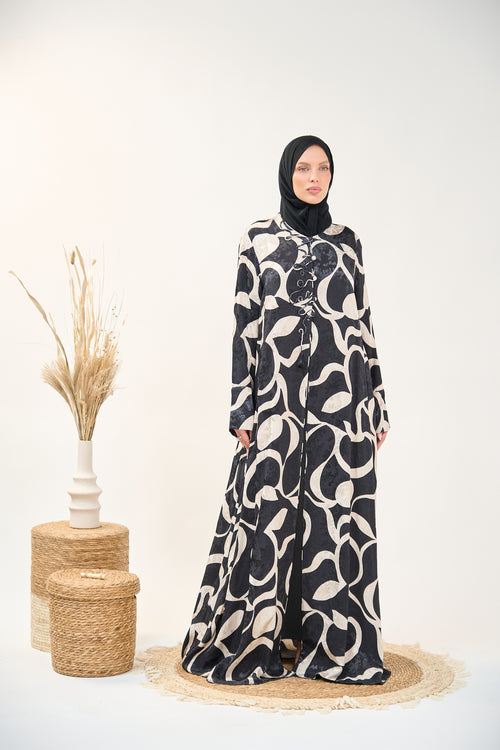Printed Closed Abaya with Front Tie Detail and Flowing Silhouette