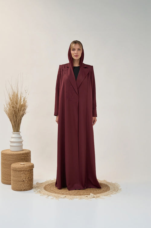 Tailored Open Abaya with Structured Lapel and Minimal Embroidery