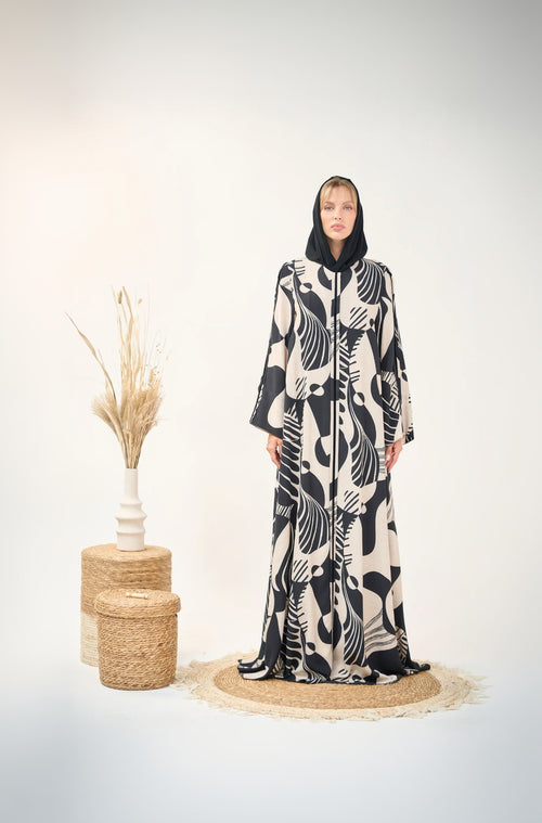 Printed Open Abaya with Wide Sleeves and Flowing Silhouette