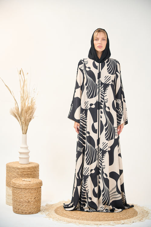 Printed Open Abaya with Wide Sleeves and Flowing Silhouette