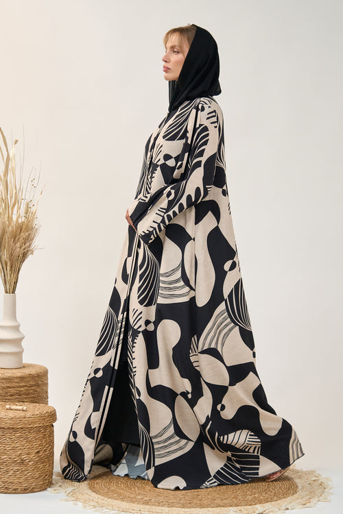 Printed Open Abaya with Wide Sleeves and Flowing Silhouette – hover image