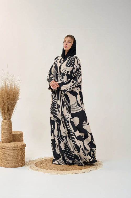 Printed Open Abaya with Wide Sleeves and Flowing Silhouette
