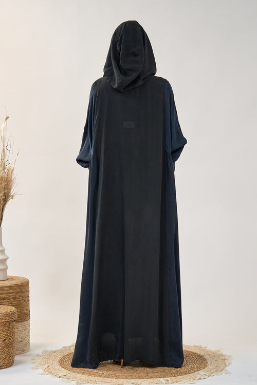 Minimal Hooded Open Abaya with Fluid Drape Dark Navy and Relaxed Silhouette – hover image