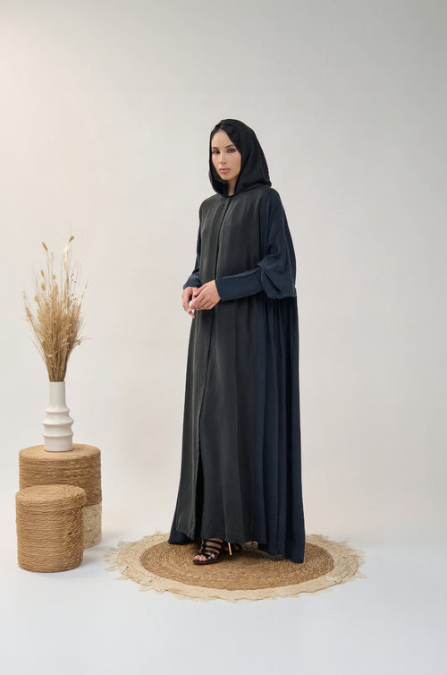 Minimal Hooded Open Abaya with Fluid Drape and Relaxed Silhouette