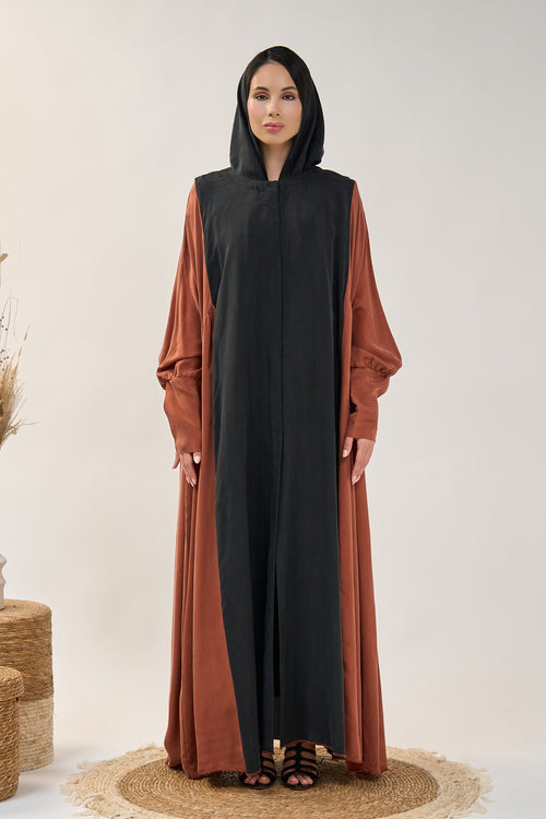 Minimal Hooded Open Abaya with Fluid Drape and Relaxed Silhouette – hover image