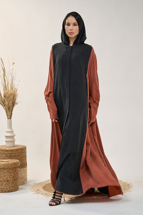 Minimal Hooded Open Abaya with Fluid Drape and Relaxed Silhouette – hover image