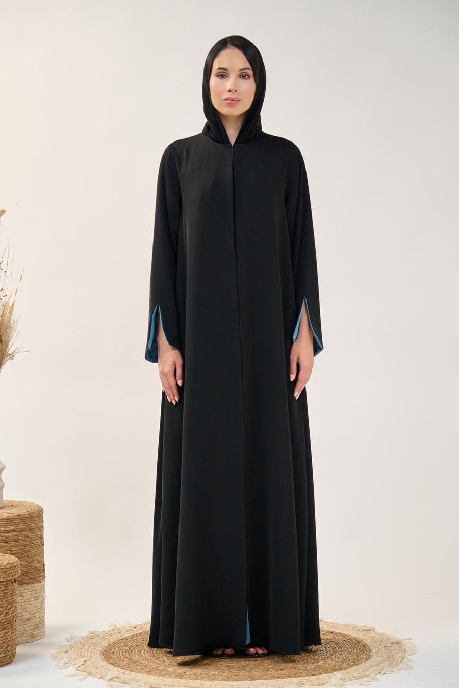 Minimalist Black Abaya with Blue Inner Sleeve Contrast