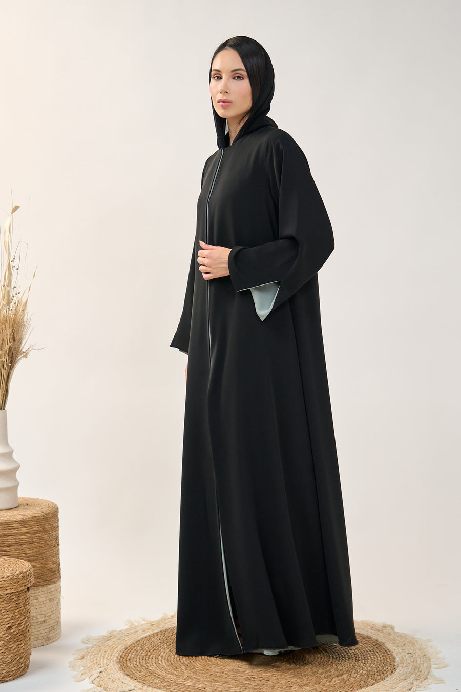Minimalist Black Abaya with Aqua Inner Sleeve Contrast