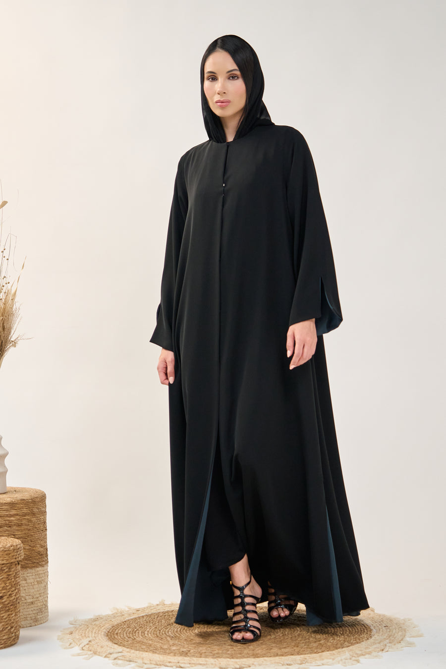 Minimalist Black Abaya with Jelly Bean Inner Sleeve Contrast