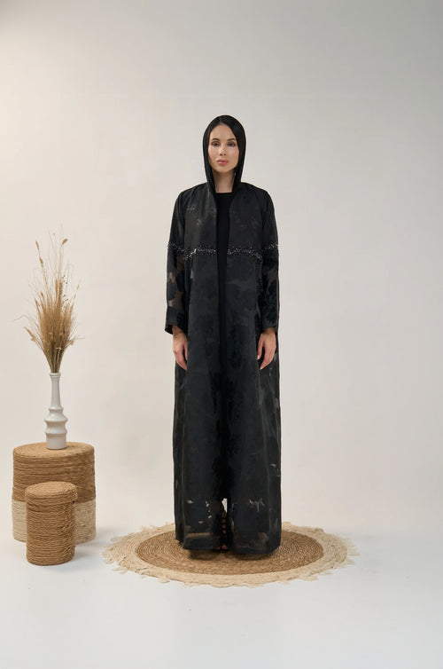 Sheer Open Abaya with Textured Fabric and Beaded Waist Detail – hover image
