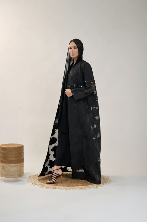 Sheer Open Abaya with Textured Fabric and Beaded Waist Detail