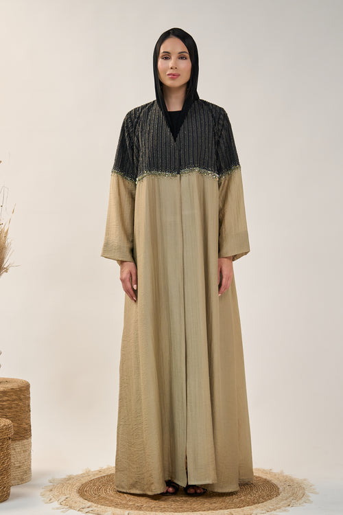 Two-Tone Open Abaya with Textured Panel and Beaded Detail