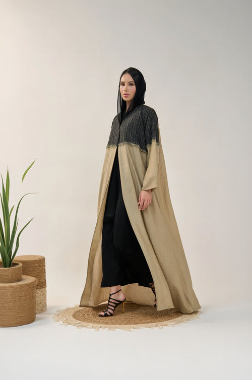 Two-Tone Open Abaya with Textured Panel and Beaded Detail