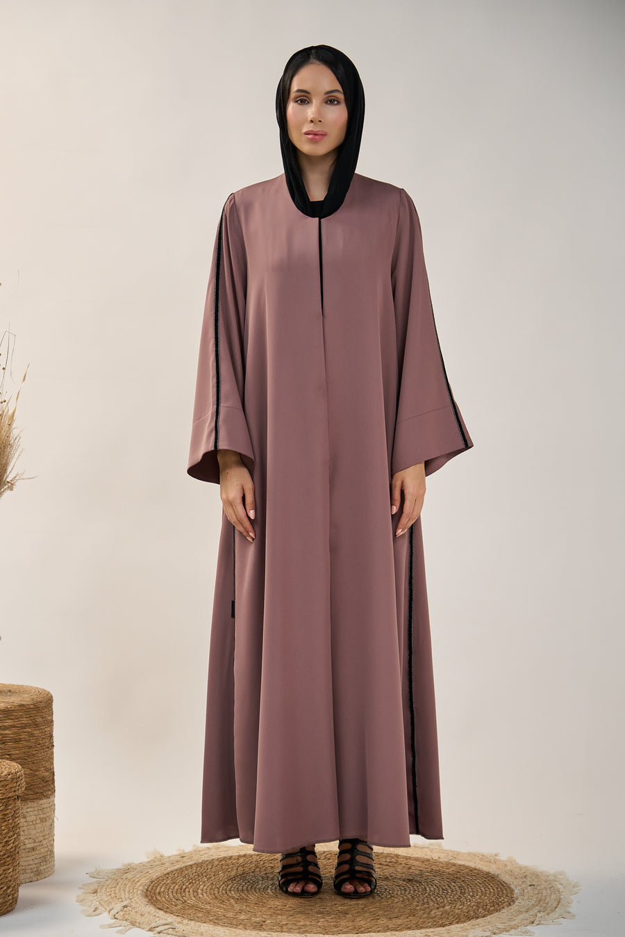 Rose gold Modern Abaya with Contrast Trim and Wide Sleeves