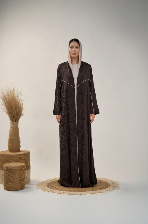 Jacquard Flow Open Abaya with Contrast Piping Detail
