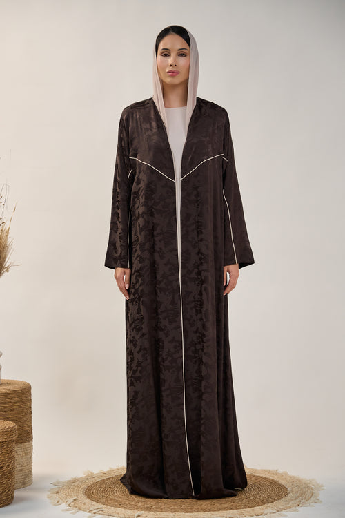 Jacquard Flow Open Abaya with Contrast Piping Detail