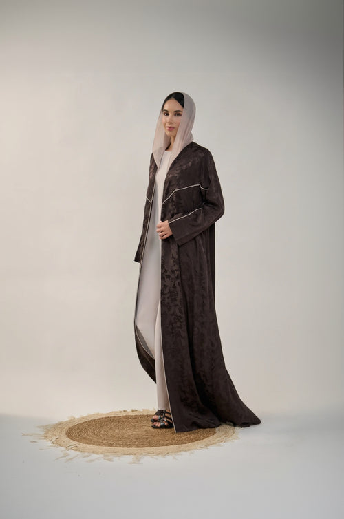 Jacquard Flow Open Abaya with Contrast Piping Detail
