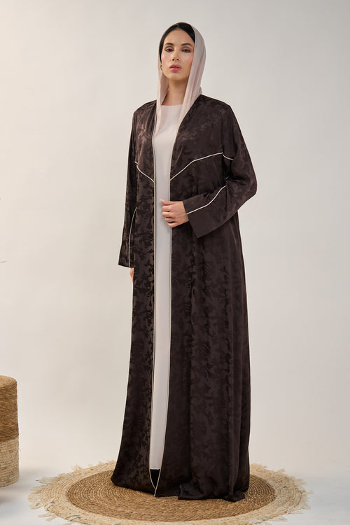 Jacquard Flow Open Abaya with Contrast Piping Detail – hover image
