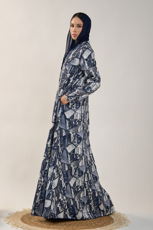 Abstract Mosaic Printed Open Abaya with Relaxed Flow Cut – hover image