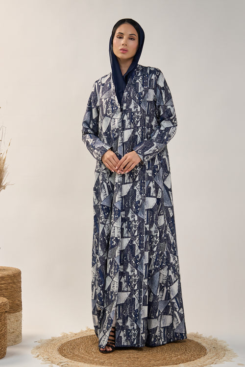 Abstract Mosaic Printed Open Abaya with Relaxed Flow Cut