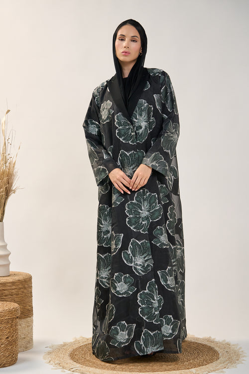 Floral Organza Open Abaya with Soft Tailored Collar – hover image