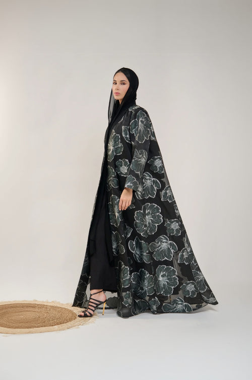 Floral Organza Open Abaya with Soft Tailored Collar