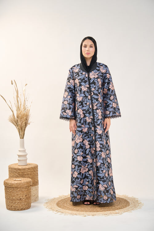 Floral Cape Style Open Abaya with Lace Trim Detail