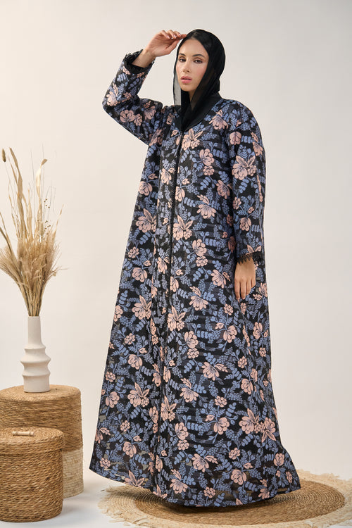 Floral Cape Style Open Abaya with Lace Trim Detail – hover image