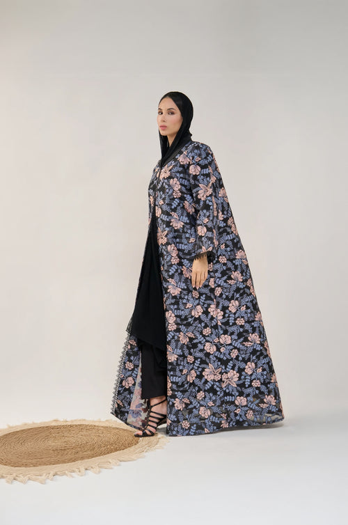 Floral Cape Style Open Abaya with Lace Trim Detail