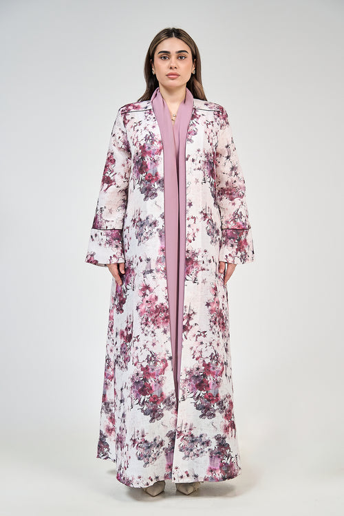 Floral Print Open Abaya with Elegant Contrast Panel