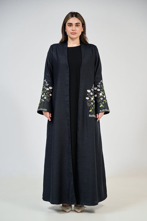 Floral Embroidered Sleeve Abaya with Minimalist Open Front