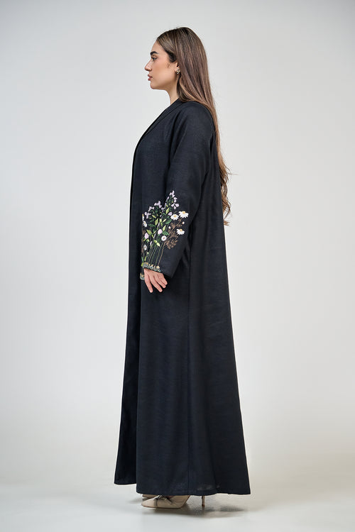 Floral Embroidered Sleeve Abaya with Minimalist Open Front – hover image