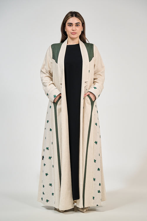 Embroidered Linen Abaya with Contrast Panel Detailing
