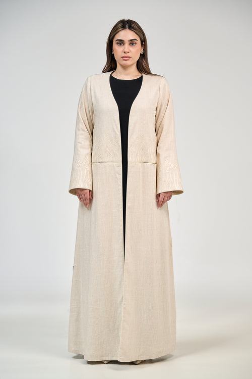 Minimal Embroidered Linen Abaya with Clean Open Front