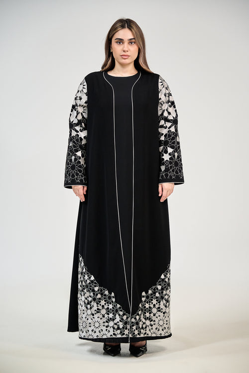 Geometric Lace Detail Abaya with Contrast Sleeve Design