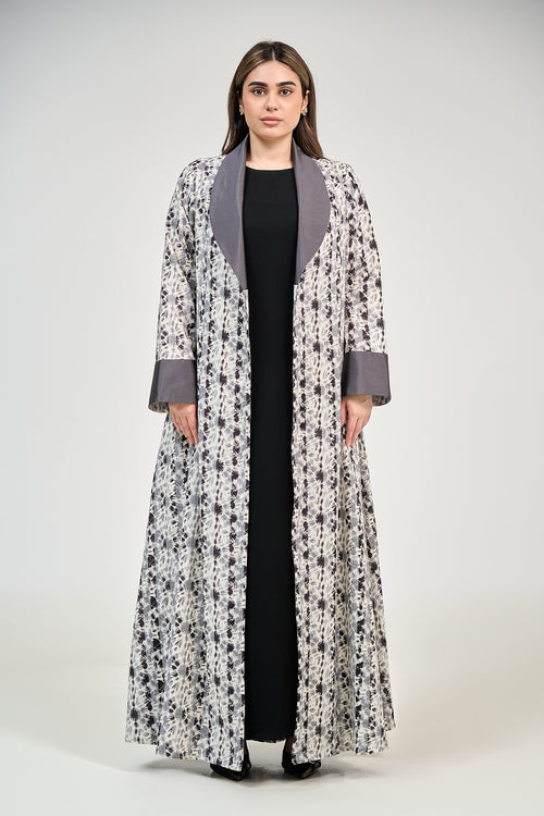 Grey Printed Shawl Collar Abaya with Contemporary Flow
