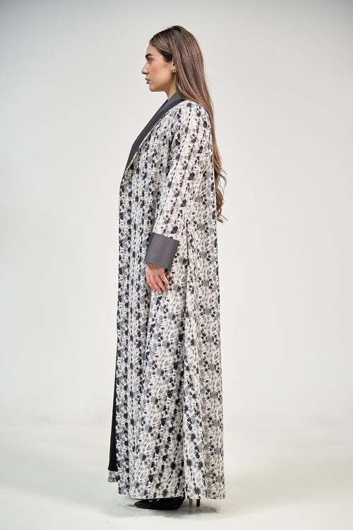 Grey Printed Shawl Collar Abaya with Contemporary Flow – hover image